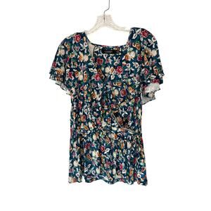 Ralph Lauren Black Label Stretch V-Neck Faux Wrap‎ Blue Ruffle Blouse Medium